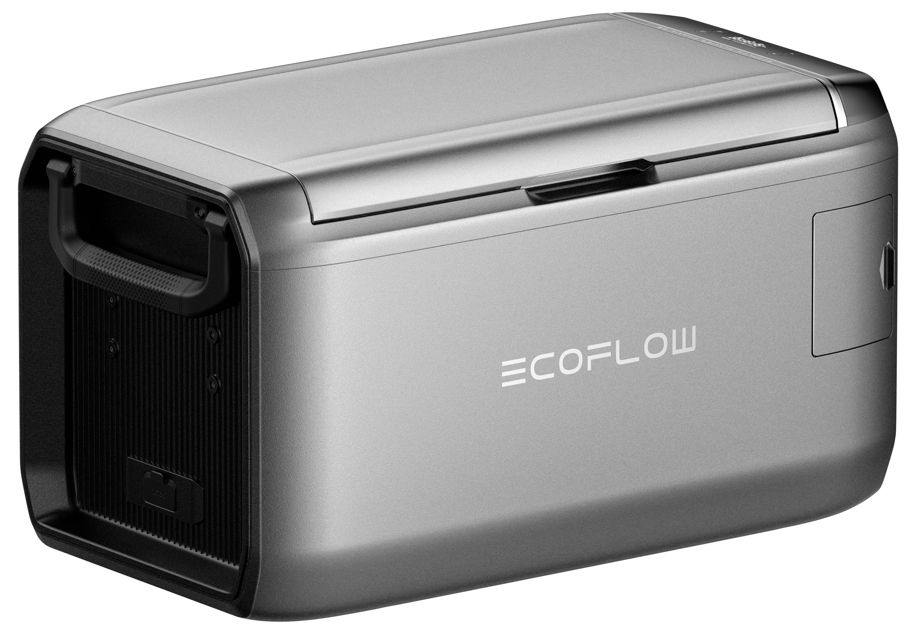 Tragbare EcoFlow-Kühlbox mit schlankem metallischem Design, mit einem Griff an der Seite zum einfachen Transport.