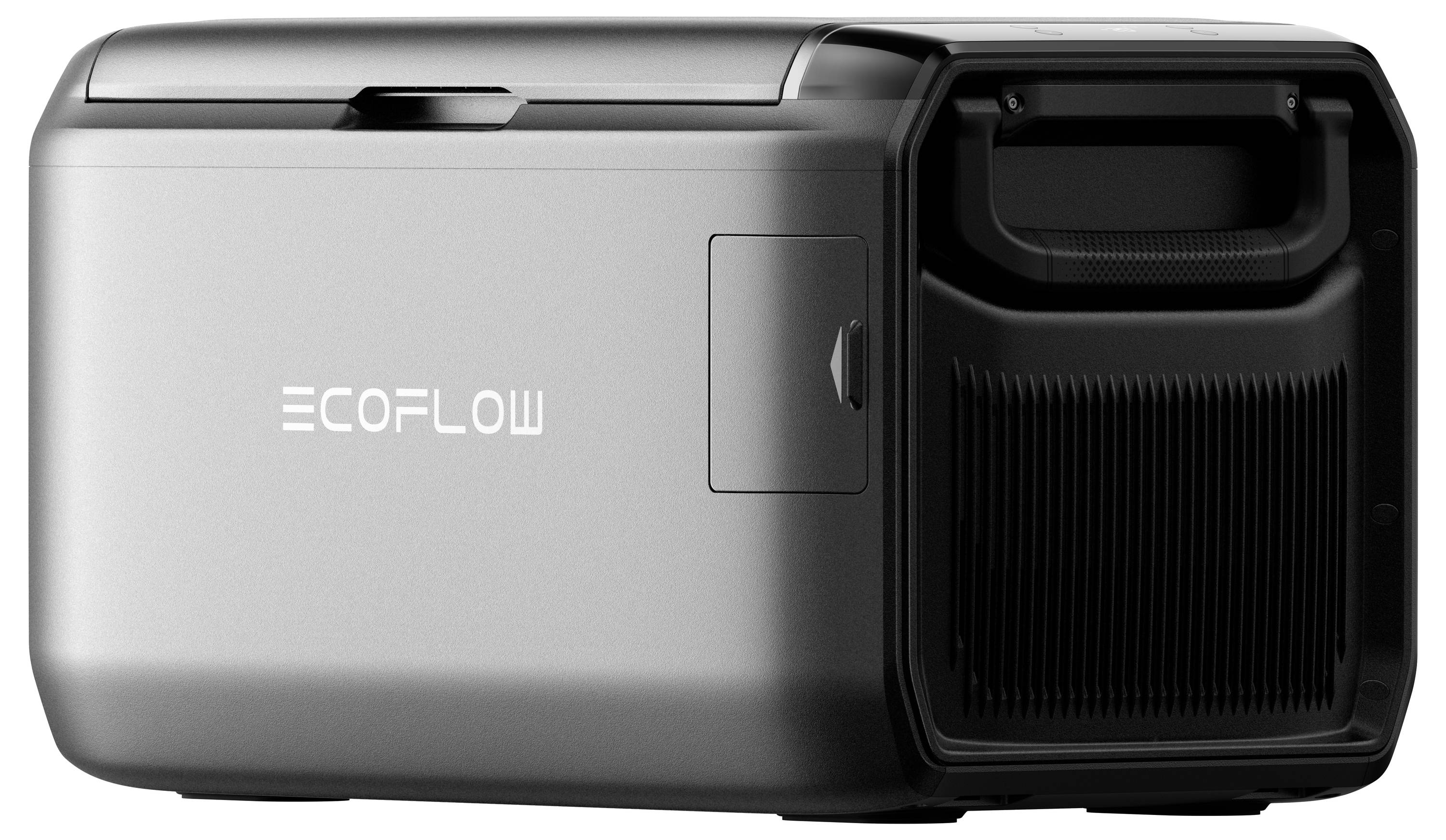 Tragbarer Kühlschrank mit „EcoFlow"-Logo, mit elegantem Design und seitlichem Griff, geeignet für den Außen- und Reisegebrauch.