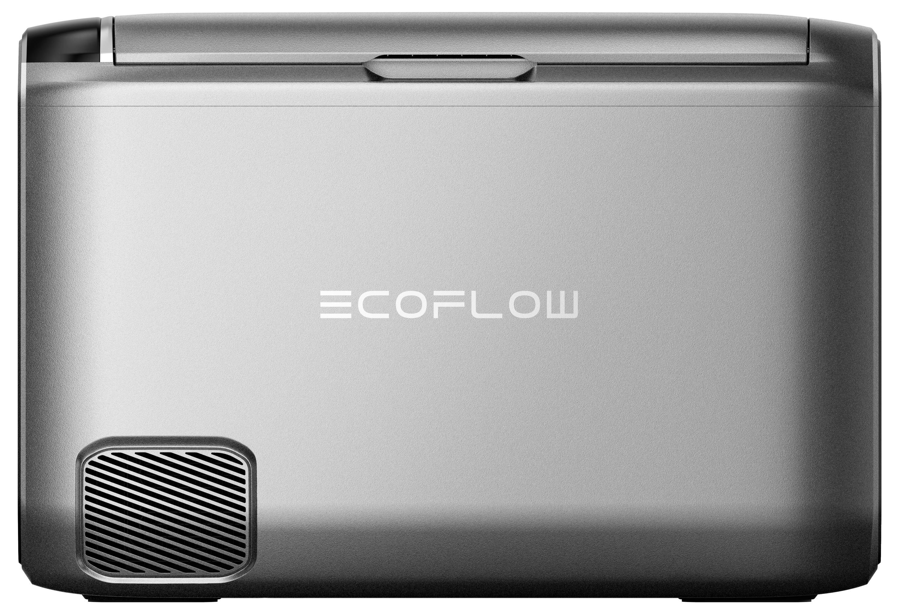 'Graues EcoFlow-Produkt mit elegantem Design, das eine Lüftungsöffnung auf der unteren linken Seite aufweist. Das EcoFlow-Logo ist prominent in der Mitte angebracht.'