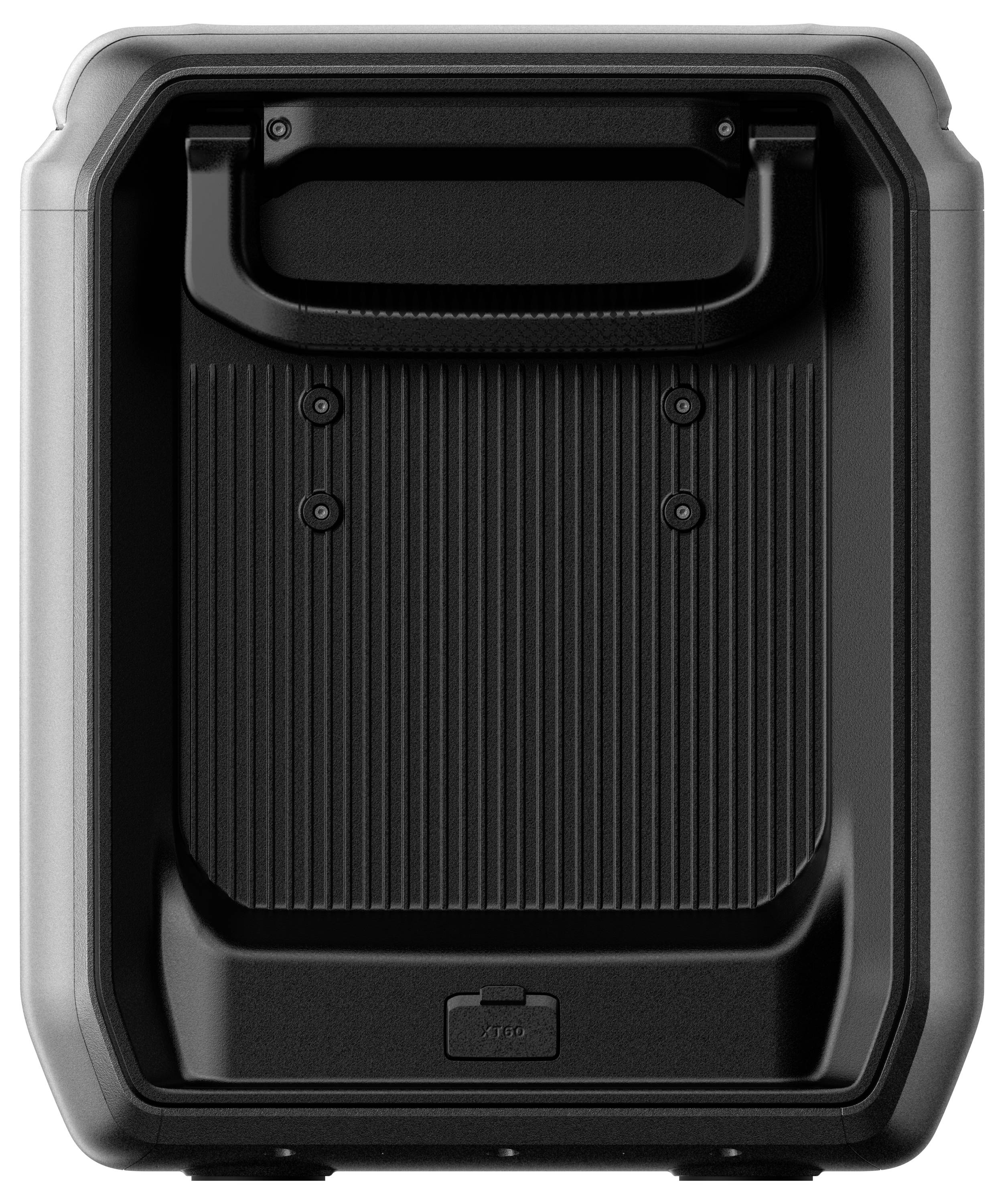 Ein robuster, schwarzer Lautsprecher mit gerippter Vorderseite und stabilem Griff, konzipiert für Langlebigkeit und Outdoor-Nutzung.