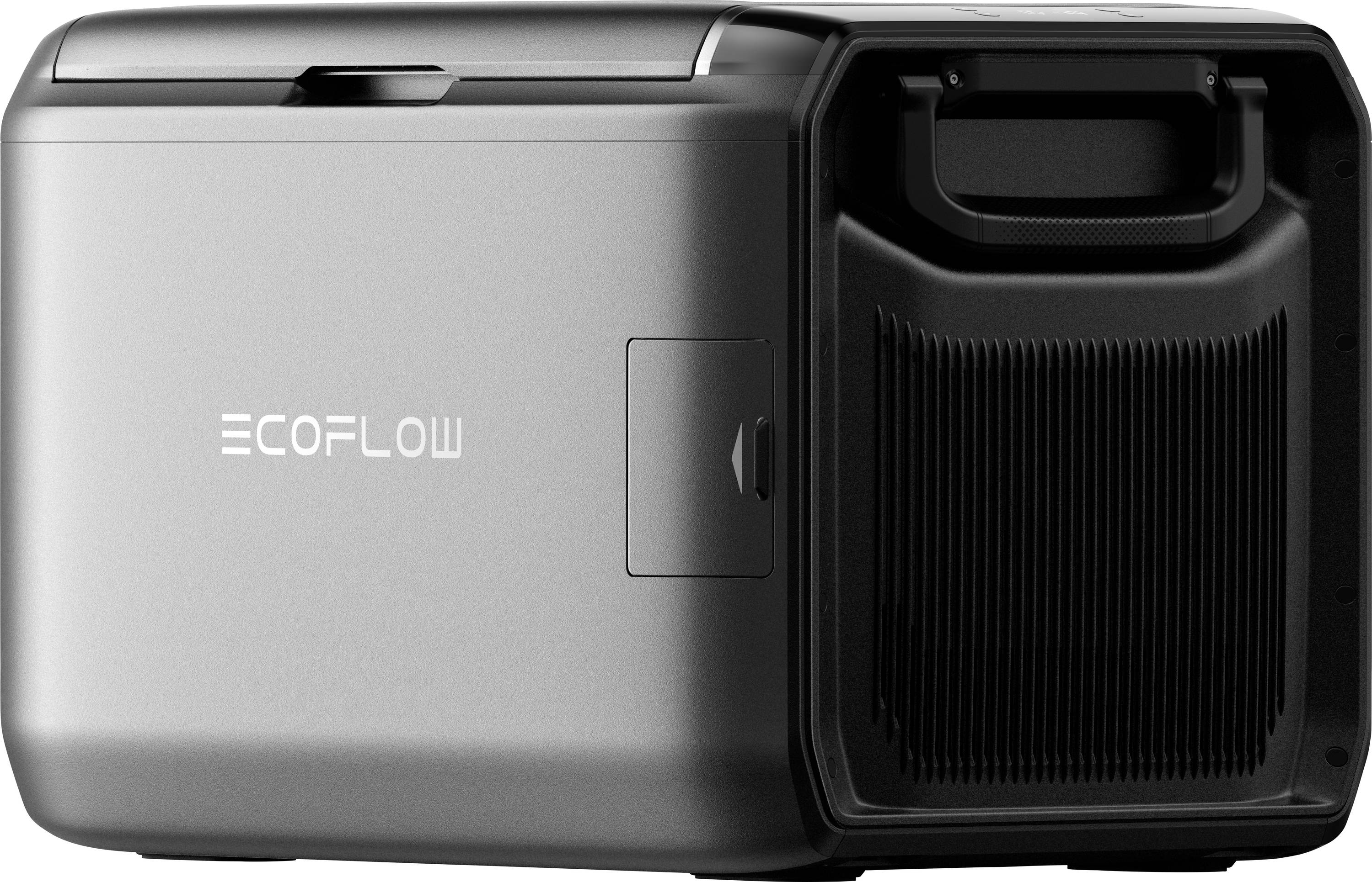 Tragbare Stromstation mit Griff, mit der Bezeichnung „Ecoflow", konzipiert für die Nutzung im Freien oder zur Notstromversorgung.