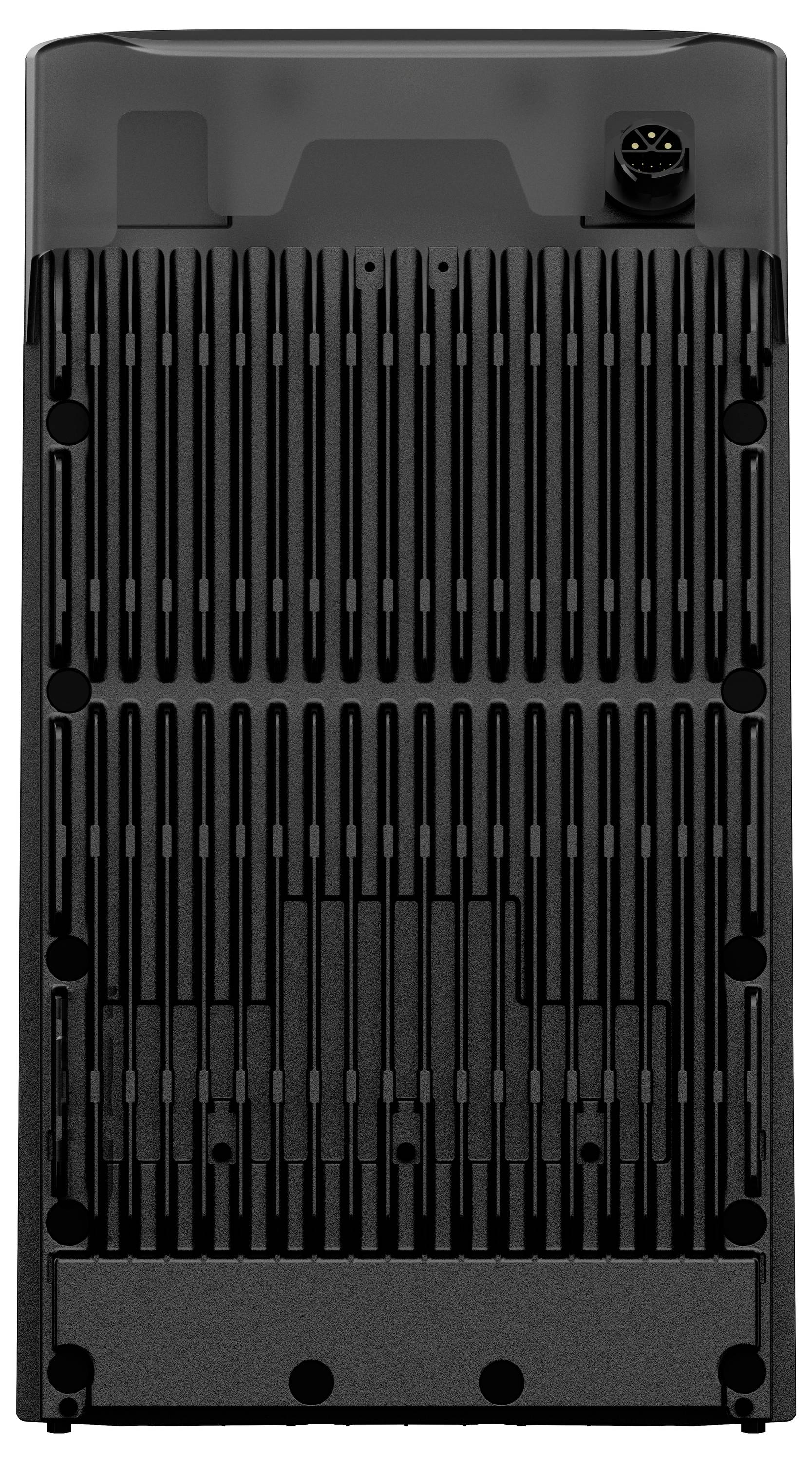 Rückansicht eines schwarzen elektronischen Geräts mit vertikalen Belüftungsschlitzen und einem Stromstecker oben rechts.