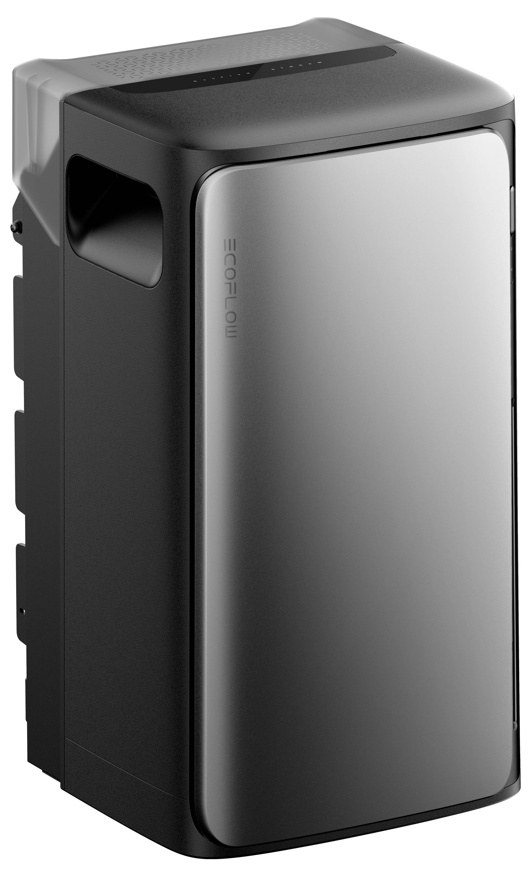 Eine schlanke, tragbare Stromstation in Schwarz und Silber mit modernem Design, mit einer gekrümmten Front und subtlem „EcoFlow"-Branding an der Seite.