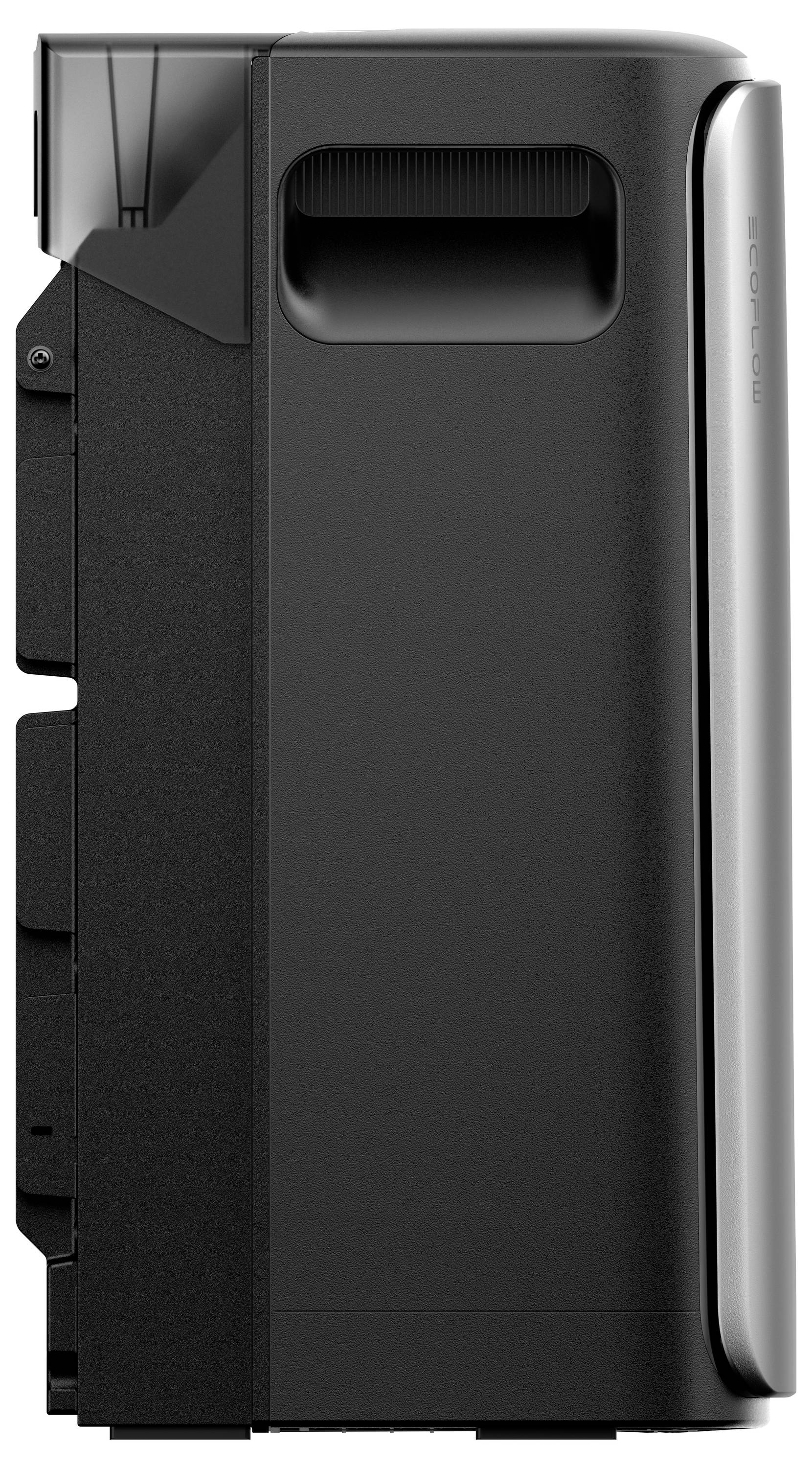 Ein schlanker, schwarzer Turm-Desktop-Computer auf weißem Hintergrund, der sein modernes Design und seine kompakte Struktur hervorhebt.