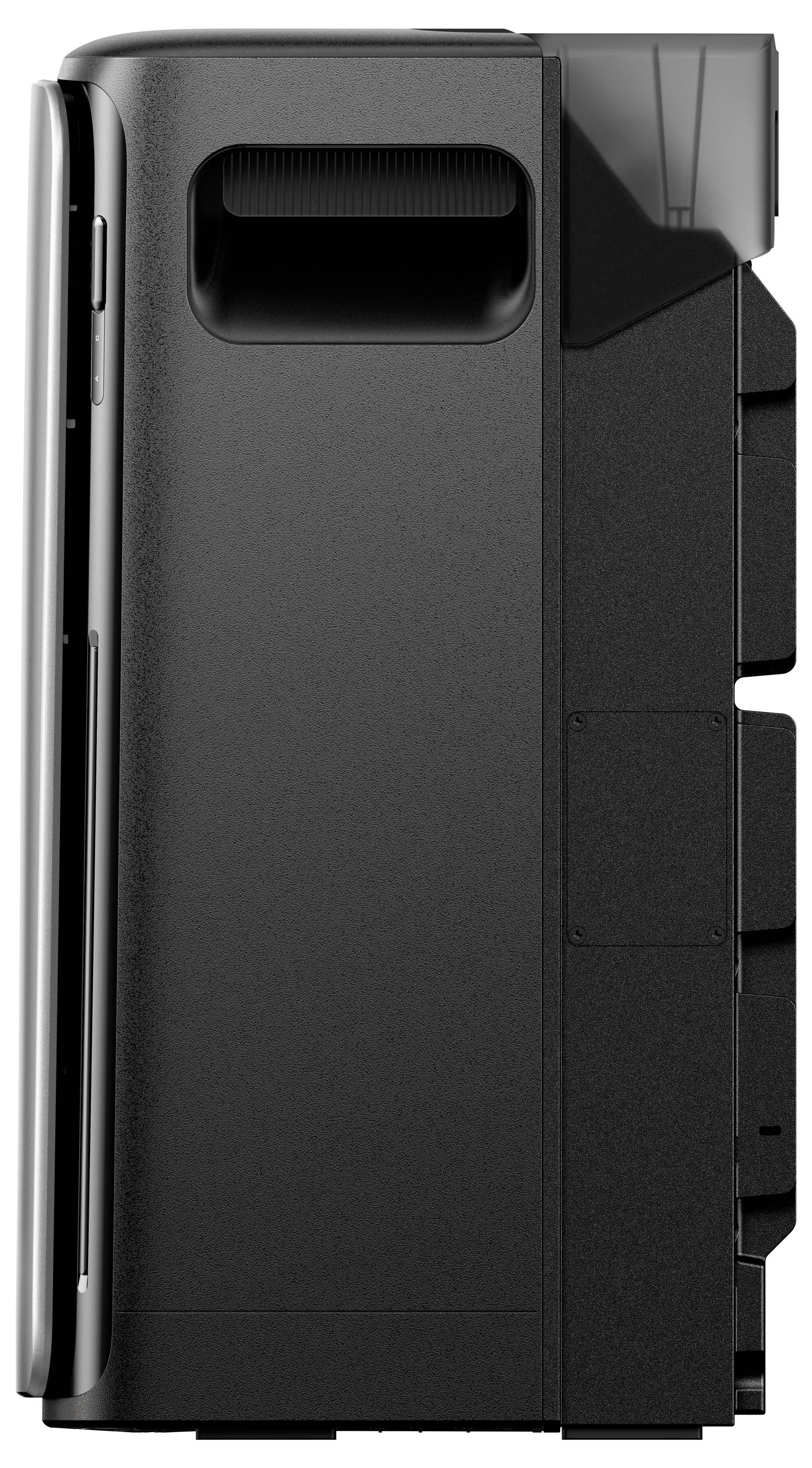 Ein schwarzer Drucker von der Seite betrachtet, mit sichtbarem externem Tintentank.