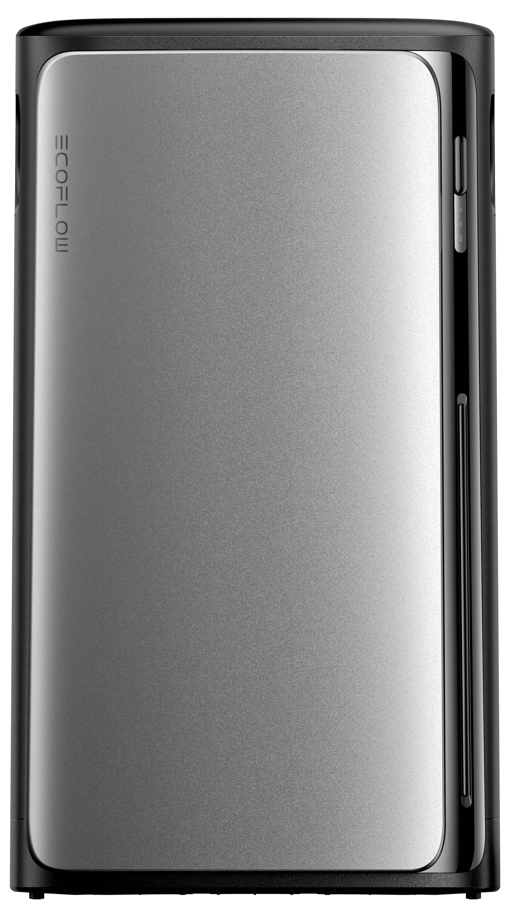 Ein elegantes, modernes silbernes elektronisches Gerät mit vertikalem Design, das minimalistisches Branding auf der linken Seite aufweist.