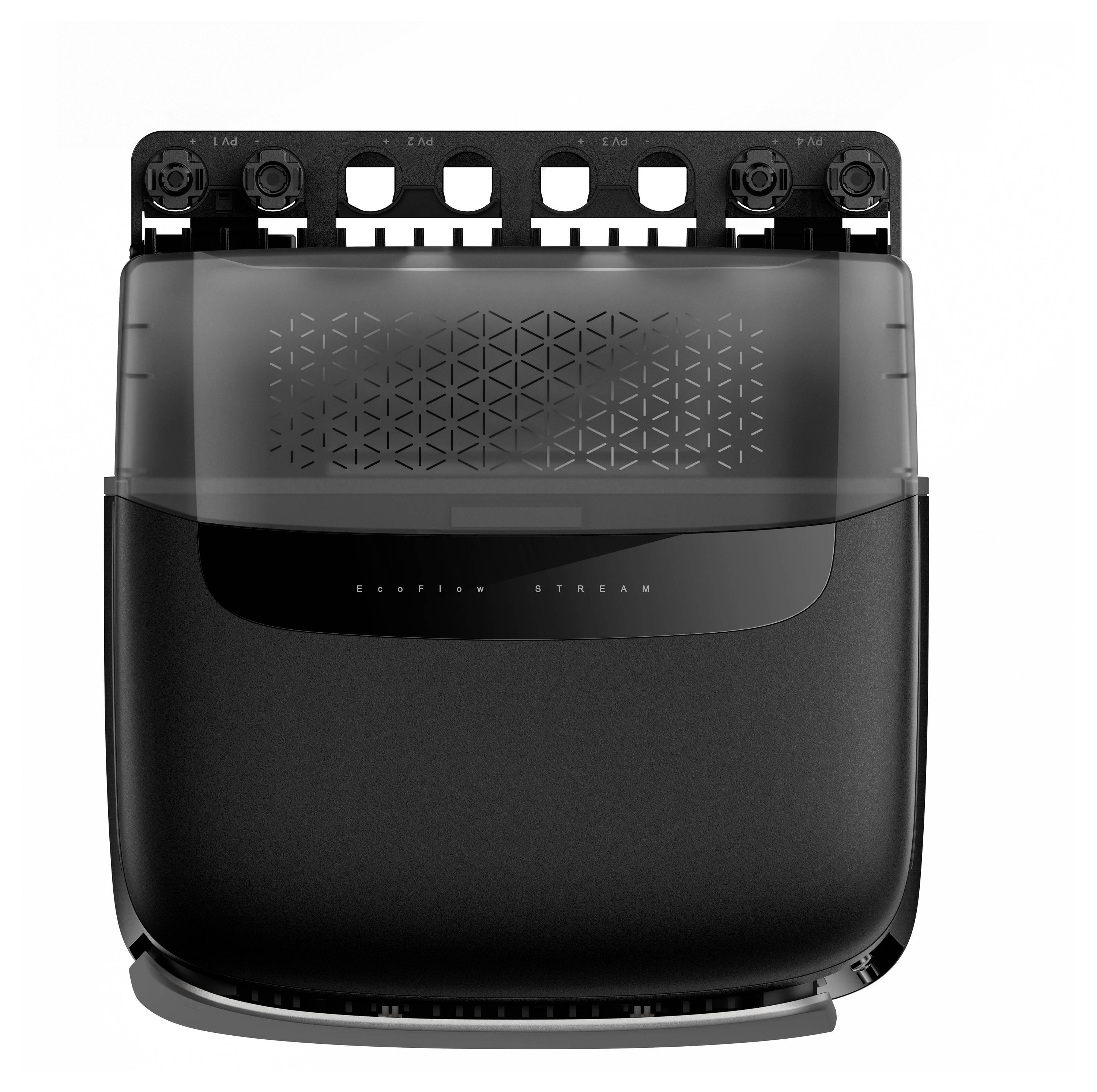 Ein schwarzer, moderner Router mit mehreren Anschlüssen auf der Oberseite und einem eleganten Design, gekennzeichnet mit "NETGEAR STREAM". Das obere Bedienfeld ist halbtransparent.