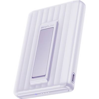Eine weiße, tragbare externe Batterie mit strukturierter Oberfläche. Sie verfügt über das Logo "ECOFLOW" und hat einen integrierten USB-C-Anschluss an der Seite.