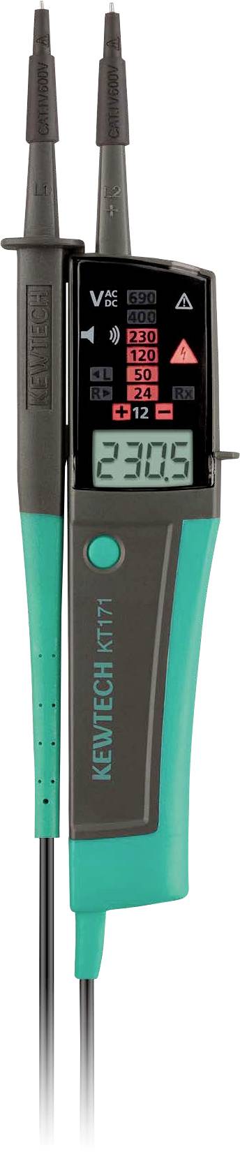 Digitales Multimeter mit einer Anzeige von '230,5'. Ausgestattet mit Messleitungen und einem beleuchteten Display. Wird zur Messung von Spannung und Durchgangsprüfung verwendet.