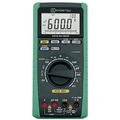 Ein digitales Multimeter zeigt auf dem Bildschirm "600,0 V" an, mit einem Drehwahlschalter in der Mitte und verschiedenen Messmöglichkeiten sowie Tasten zur Auswahl.