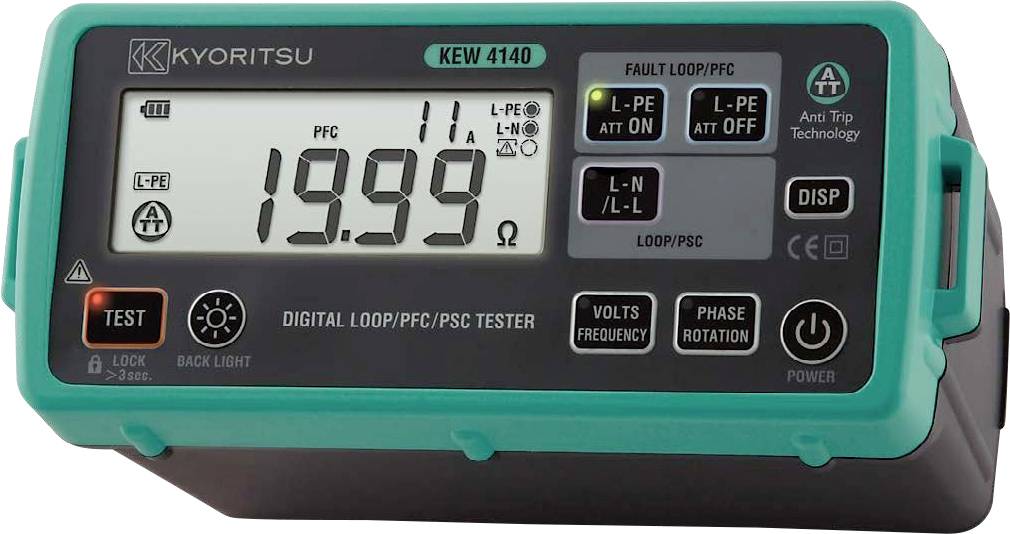 Ein digitales Schleifentestgerät mit großem Display, das „19,99" anzeigt. Enthält Tasten für Testfunktionen wie Spannungsprüfung und Phasendrehrichtung.