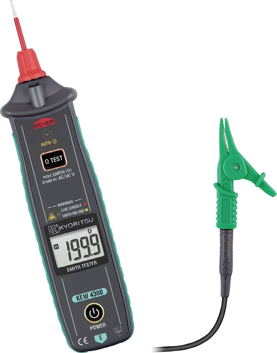 Ein digitales Erdungsprüfgerät mit einer Messspitze und Krokodilklammer. Das Display zeigt „199,9" an. Wird zum Messen des Erdungswiderstands in elektrischen Systemen verwendet.