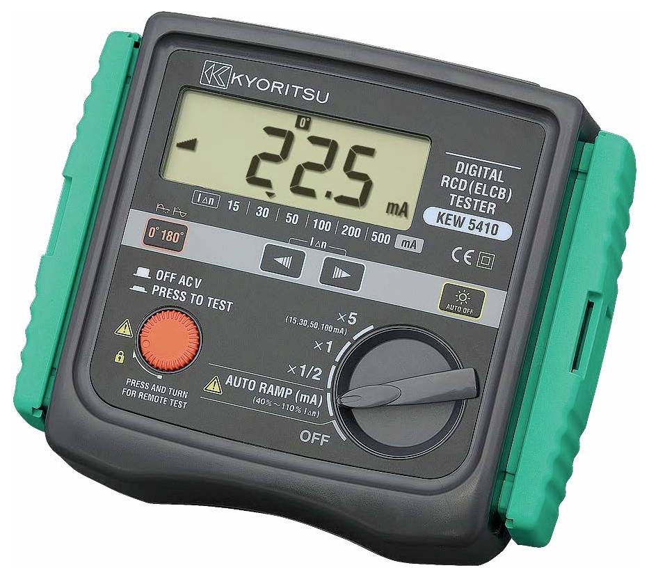Digitales RCD/ELCB-Prüfgerät mit LCD-Anzeige zeigt "22,5 mA" an, mit mehreren Tasten und Drehschalter für verschiedene Testeinstellungen.