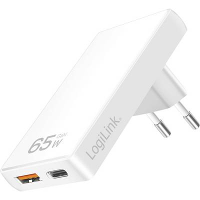 Ein weißes LogiLink 65W GaN-Ladegerät mit zwei USB-C- und einem USB-A-Anschluss, entwickelt für effizientes Schnellladen mit hoher Geschwindigkeit.