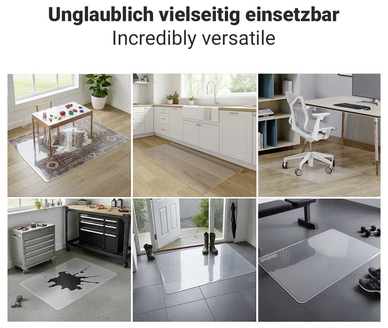 Sechs Bilder zeigen verschiedene transparente Bodenschutzmatten, die in unterschiedlichen Umgebungen verwendet werden: Küche, Büro, Garage, Veranda, Wohnzimmer und Fitnessstudio.