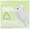 ‚Digitus Sustainable 98% PCR Material' Ladegerät mit USB-Anschlüssen und EU-Stecker. Textnotizen zum recycelten Gehäuse und plastikfreier Verpackung.