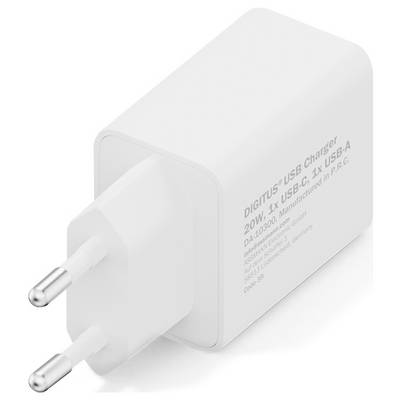 Ein weißes USB-Ladegerät mit europäischem Stecker, ausgestattet mit USB-C- und USB-A-Anschlüssen. Gekennzeichnet als "DIGITUS USB Ladegerät, 20W, DA10300."