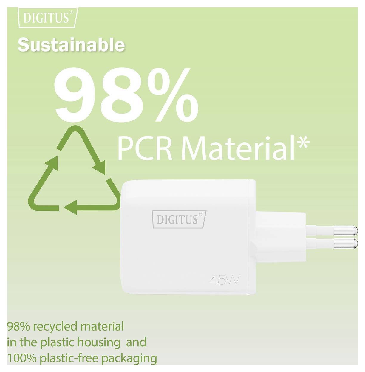 Ladegerät aus „98% PCR-Material" mit 45W Leistung. Betont Nachhaltigkeit mit 98% recyceltem Kunststoffgehäuse und plastikfreier Verpackung.