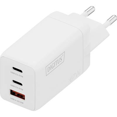 Ein weißes Wandladegerät mit zwei USB-C und einem USB-A Anschluss, mit der Bezeichnung „DIGITUS". Die USB-C-Ausgänge liefern 67W und sind für schnelles Laden ausgelegt.