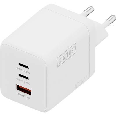 Ein weißes Wandladegerät mit zwei USB-C-Anschlüssen mit den Bezeichnungen „USB-C1 100W", „USB-C2 100W" und einem USB-A-Anschluss mit der Bezeichnung „USB-A 22,5W", Marke „Digitus".