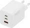 Ein weißes Wandladegerät mit zwei USB-C-Anschlüssen mit den Bezeichnungen „USB-C1 100W", „USB-C2 100W" und einem USB-A-Anschluss mit der Bezeichnung „USB-A 22,5W", Marke „Digitus".