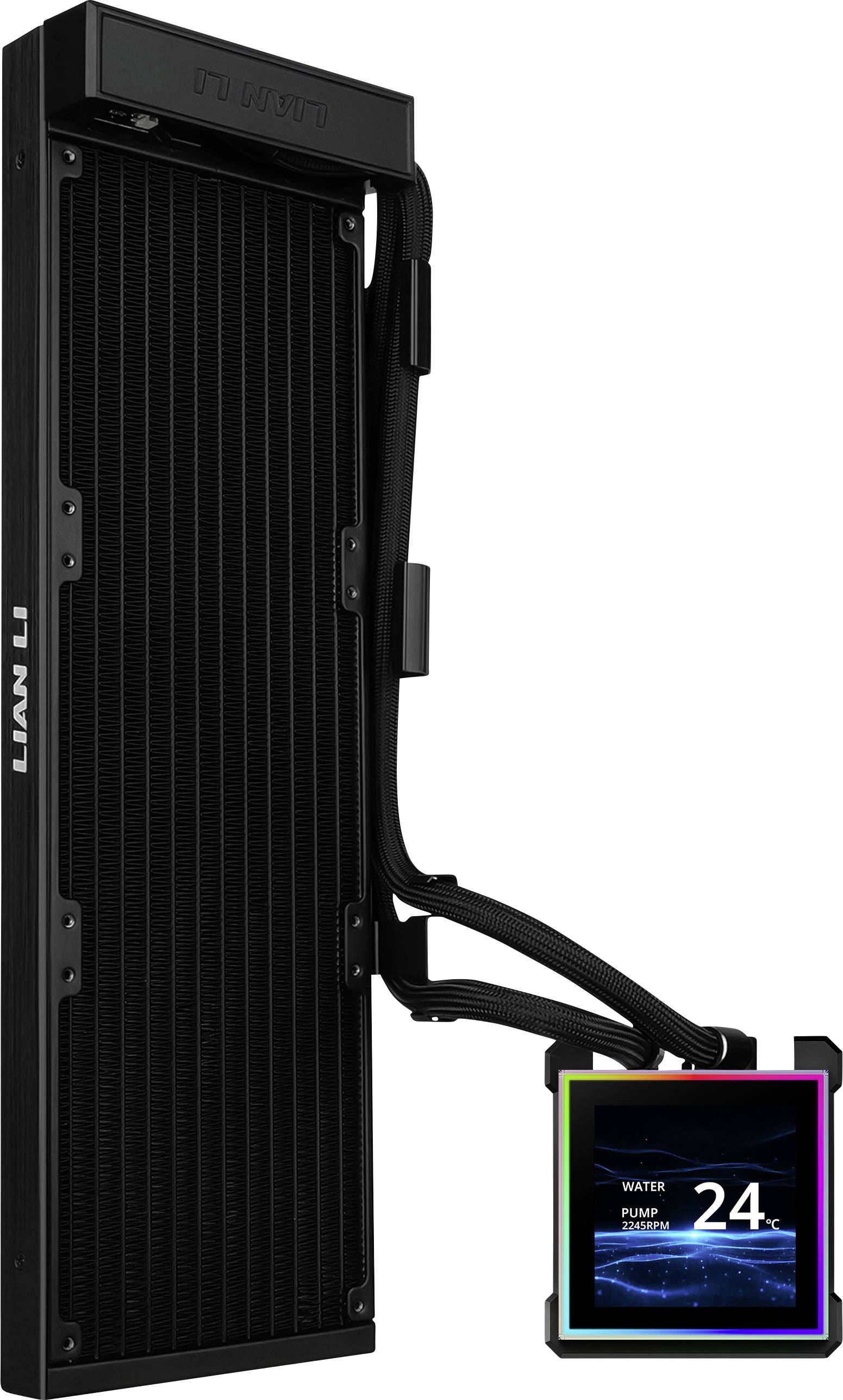 Ein schwarzer Kühler mit Kühlrohren für ein Computer-Setup; zeigt ein digitales Display mit der Anzeige „Water Pump 24%" mit einem farbigen Rahmen.