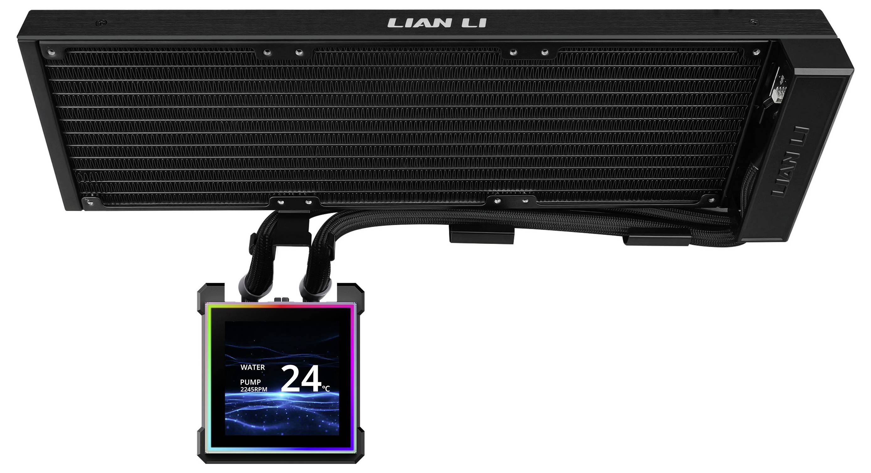 Lian Li CPU-Kühler mit digitaler Anzeige, die „Water Pump"-Informationen und „24" in weißer Schrift anzeigt, platziert unter einem schwarzen Radiator.