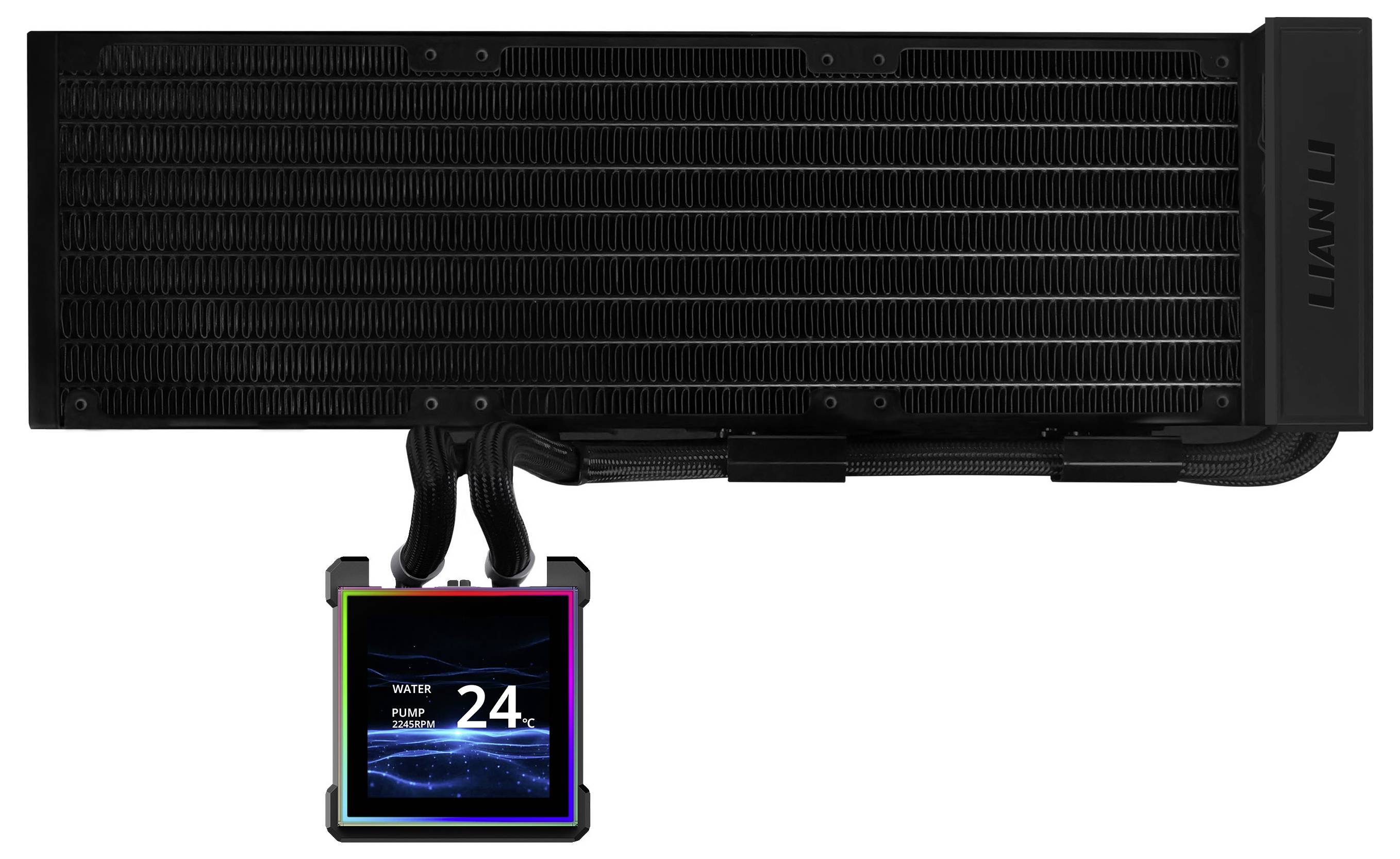 Ein schwarzer Lian-Li-Computer-Kühlkörper mit drei Reihen von Lüftungsöffnungen. Darunter angeschlossen ist ein farbiges Display, das „24°C" mit Wasserdurchflussdetails anzeigt.