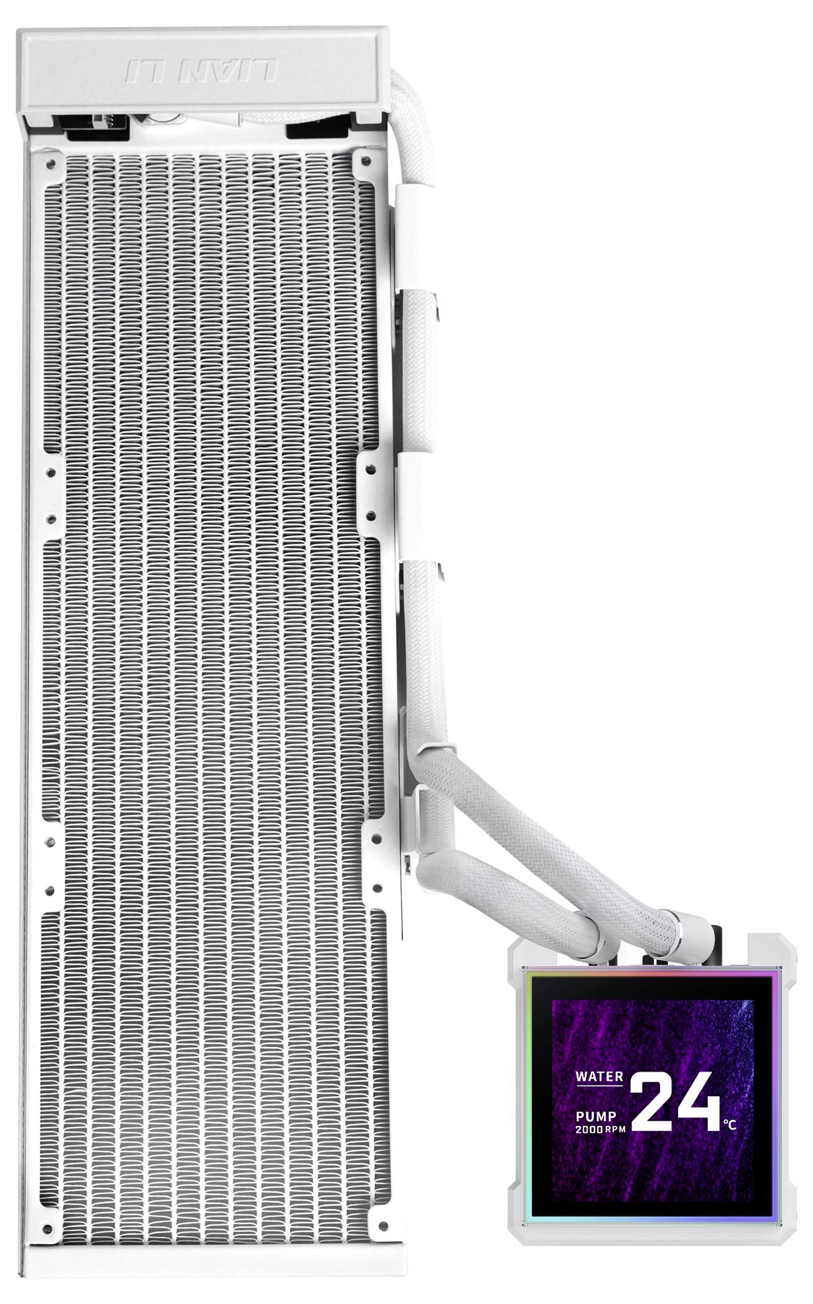 Ein weißer Computer-Flüssigkeitskühlkörper mit angebrachten Schläuchen und einem digitalen Display, das „Water Pump 24°C" anzeigt.