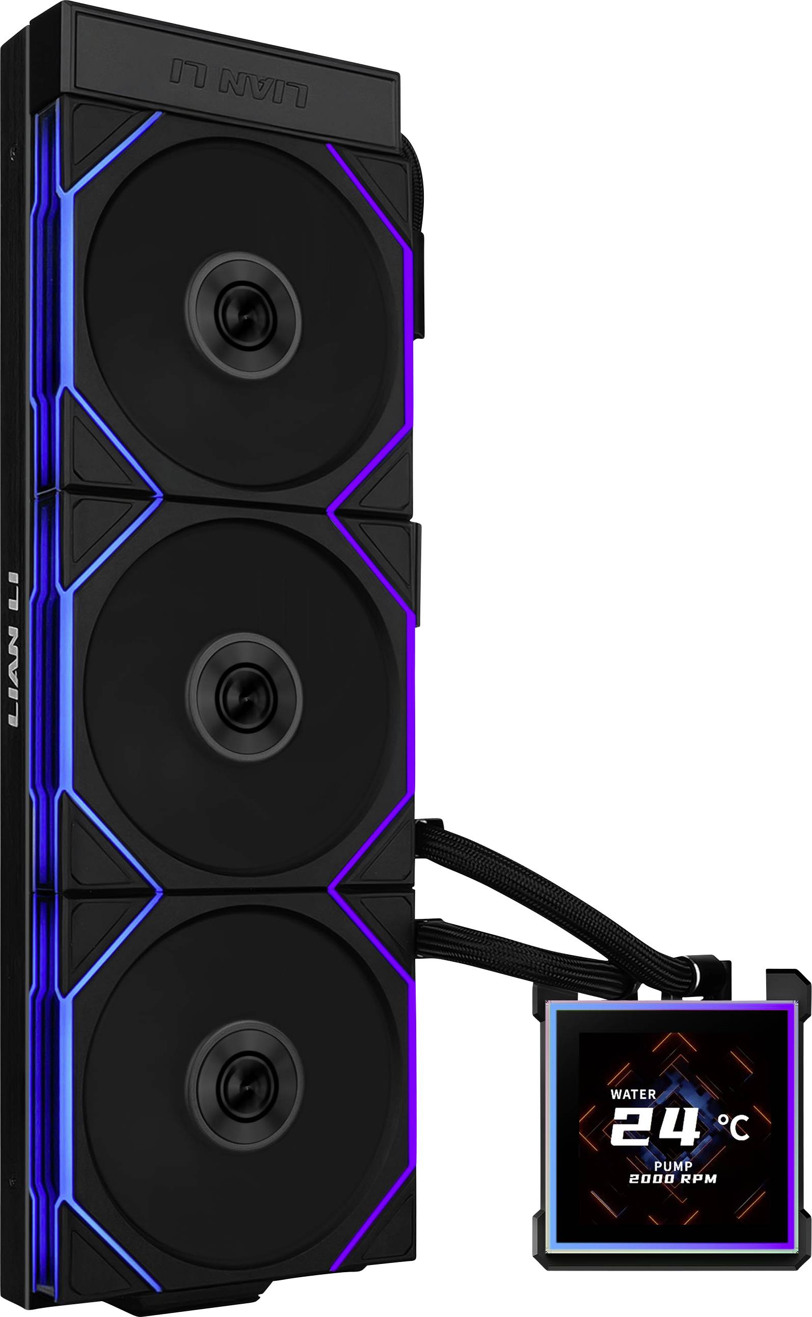 Eine schwarze Kühleinheit mit drei Lüftern und einem digitalen Display, das „Wasser 24°C, Pumpe 2800 U/min" anzeigt. Blaue und violette Akzente betonen die Kanten.