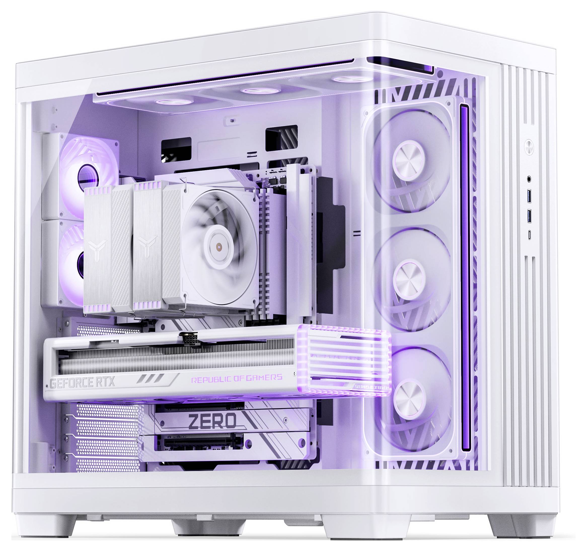 Ein weißes Computergehäuse mit transparenten Panels zeigt interne Komponenten an, darunter eine GPU mit der Bezeichnung „ROG Strix" und mehrere Kühlventilatoren.