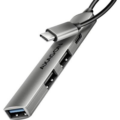 Ein metallischer USB-C-Hub mit mehreren USB-Anschlüssen, gekennzeichnet mit „AYAGON", ermöglicht die Gerätekonnektivität und Datenübertragung.