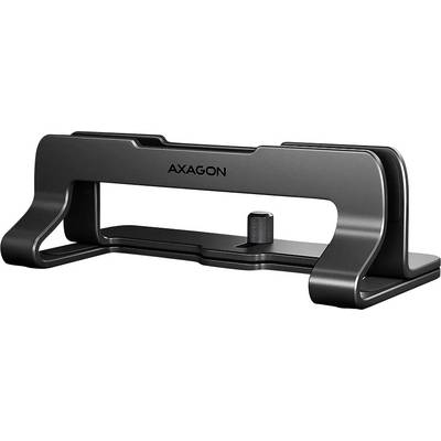 Ein vertikaler Laptop-Ständer aus schwarzem Metall mit „AXAGON"-Branding, mit verstellbarem Drehknopf für variable Breite, geeignet zur Schreibtischorganisation.