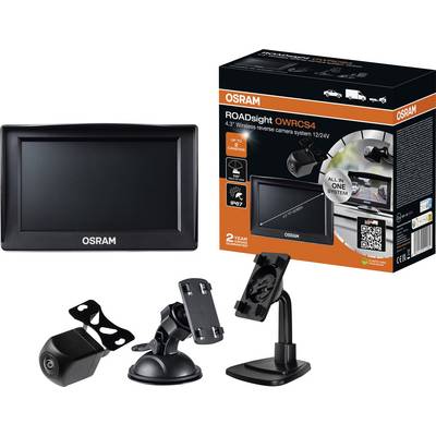 Osram ROADsight 4,3" kabelloses Rückfahrkamerasystem mit Kamera, Monitor und Befestigungen in der Verpackung gezeigt. Ideal für die Fahrzeugsicherheit.