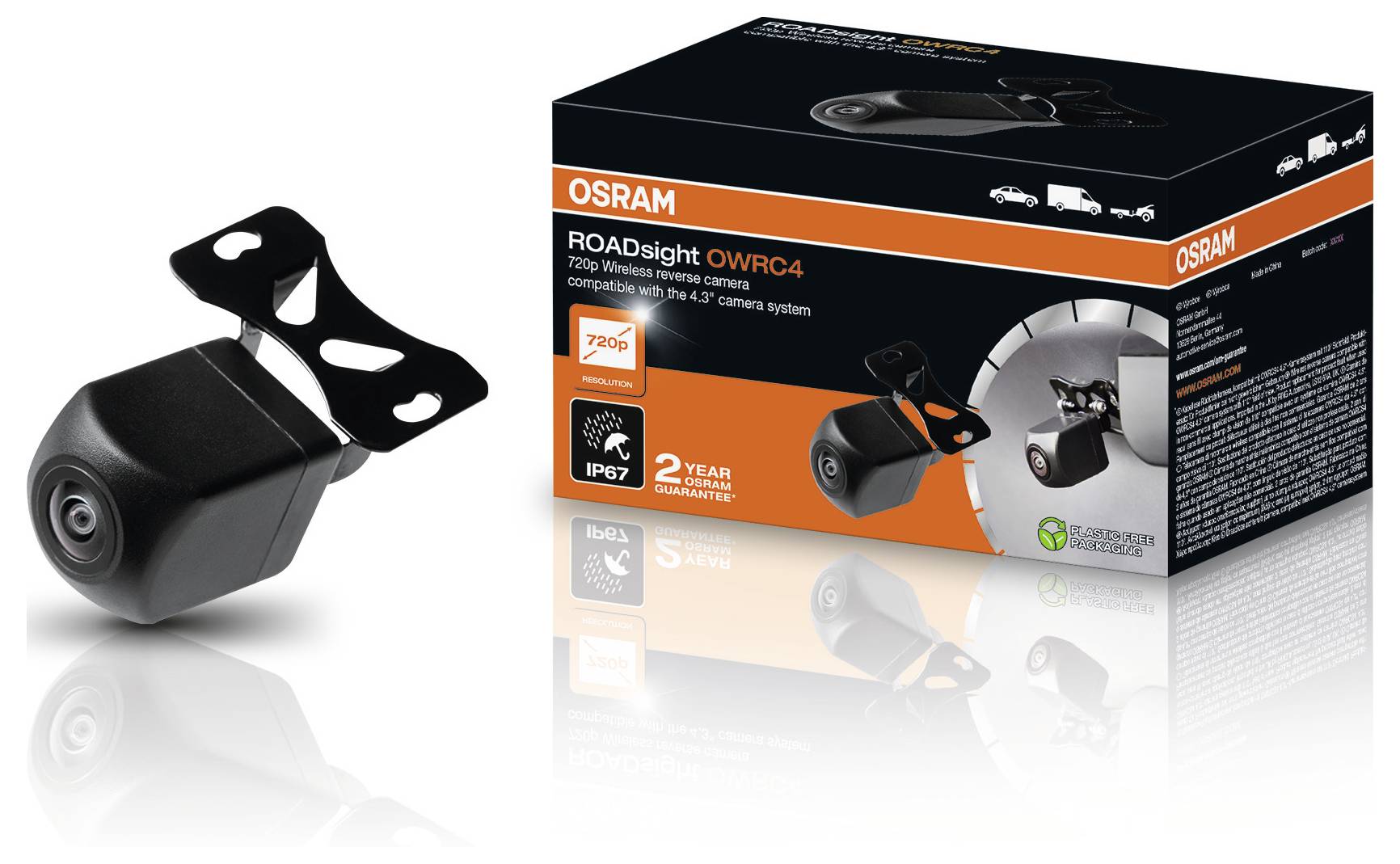 Eine kabellose Rückfahrkamera mit schwarzer Halterung wird neben ihrer Verpackung gezeigt, beschriftet mit "OSRAM ROADsight OWRC4." Die Verpackung erwähnt Funktionen wie 720p-Auflösung, IP67-Schutzart und 2 Jahre Garantie.