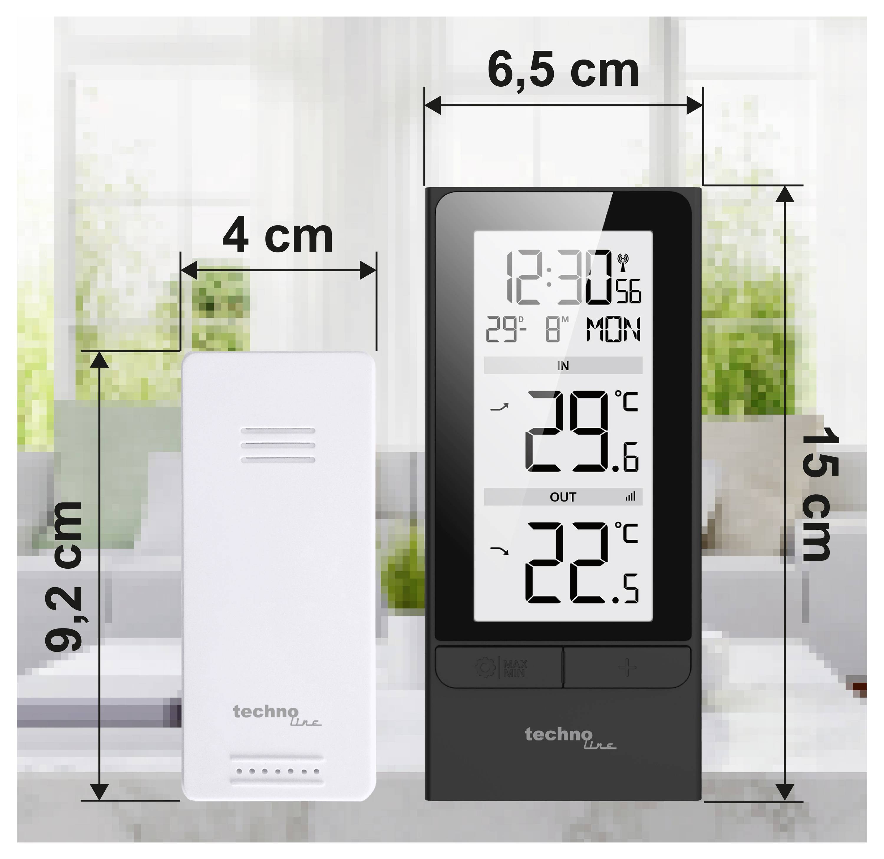 Produktvergleichsbild mit einer weißen Sensoreinheit und einer schwarzen digitalen Wetterstation mit Größenangaben: 4 cm breit, 9,2 cm hoch, 6,5 cm breit und 15 cm hoch.