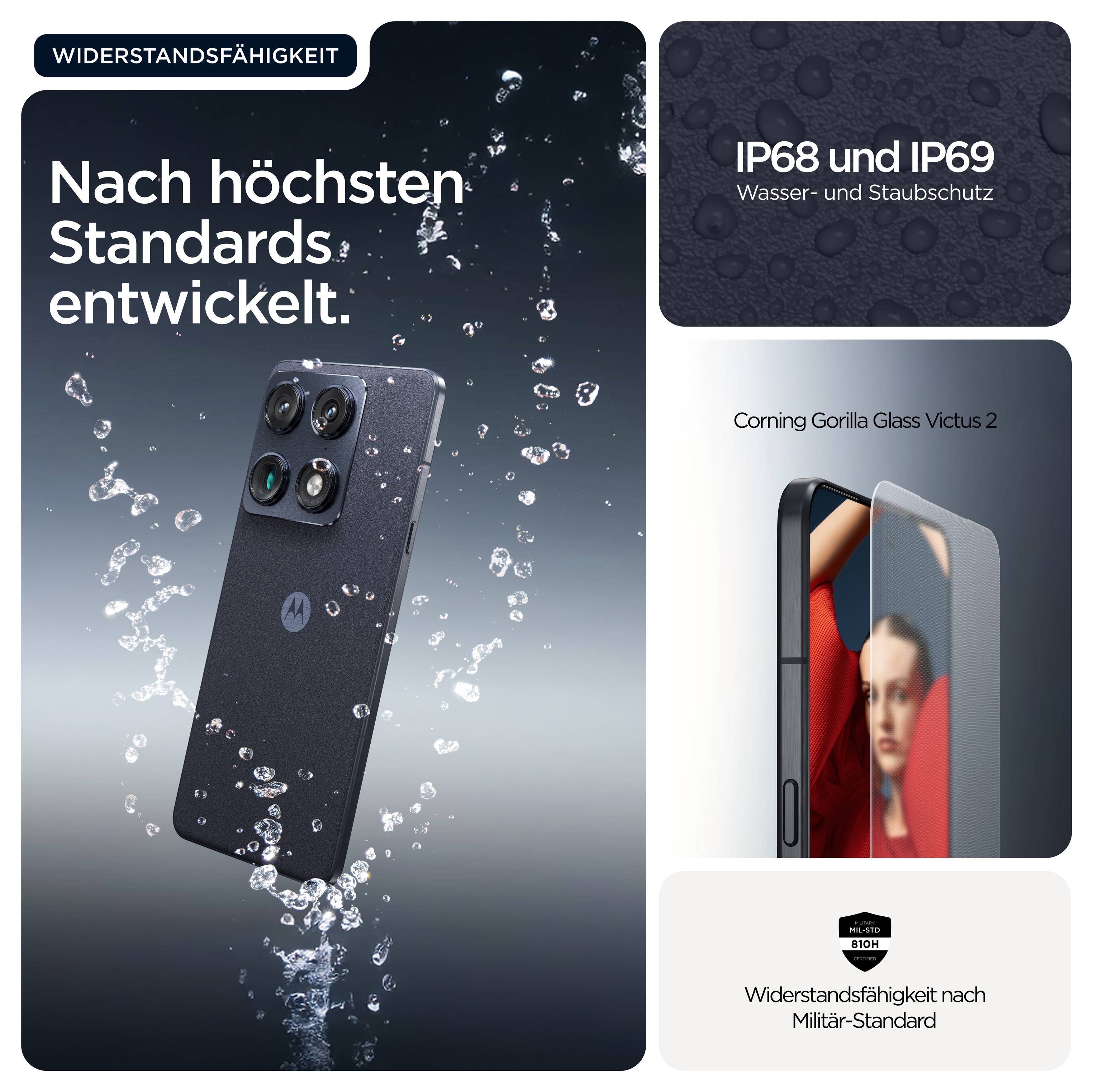 Ein Smartphone mit robuster Bauweise, wasser- und staubgeschützt nach IP68 und IP69, Gorilla Glass Victus 2, Militär-Standard.