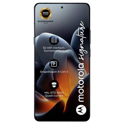 Smartphone mit angezeigten Funktionen: 50-MP-Quad-Kamera-System, Snapdragon 8 Gen 5, MIL-STD-810H quad-gekrümmter Bildschirm und Motorola-Branding.