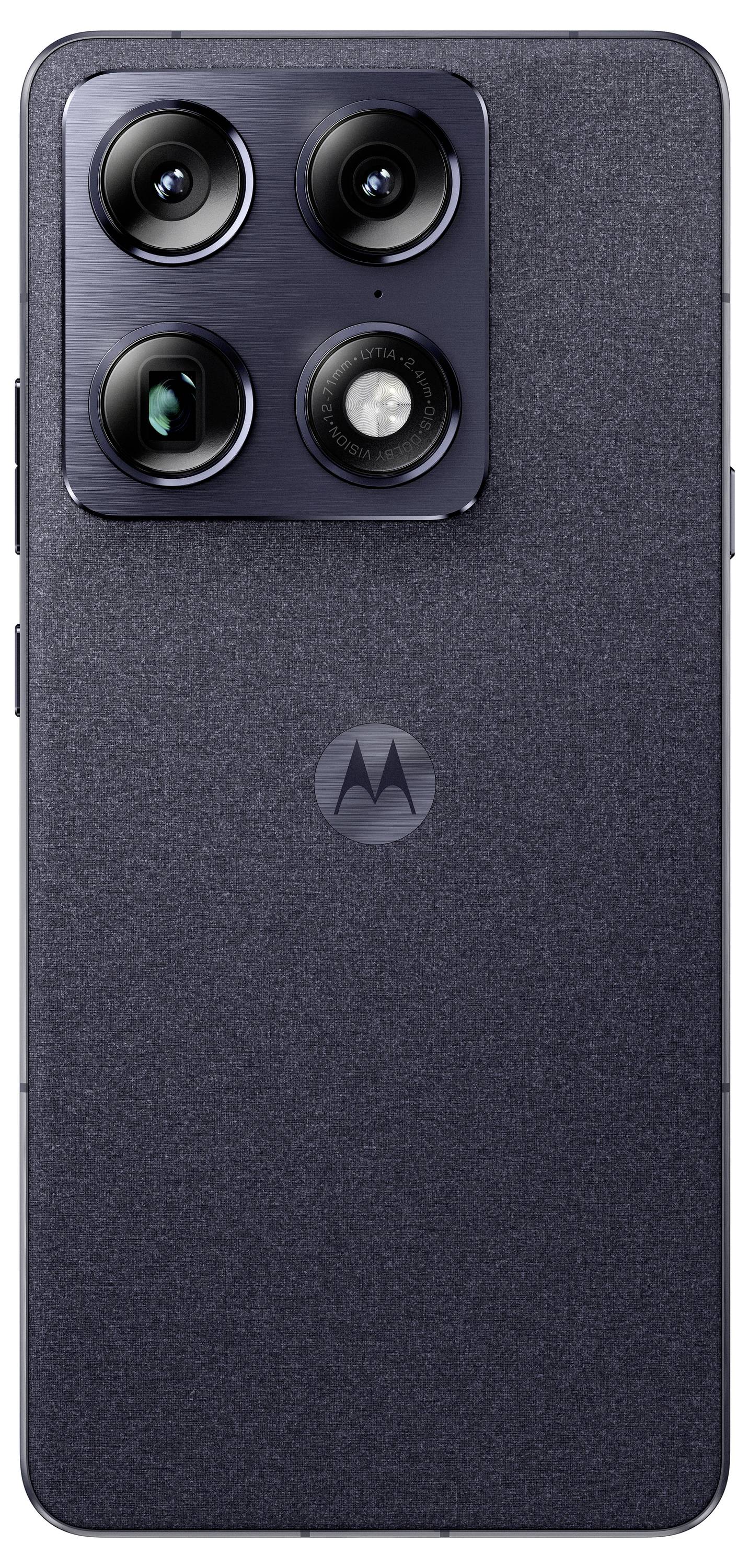 Die Rückseite eines Smartphones mit vier Kameraobjektiven, die in einem Quadrat angeordnet sind, mit einer eleganten dunklen Oberfläche und einem subtilen Logo in der Mitte.