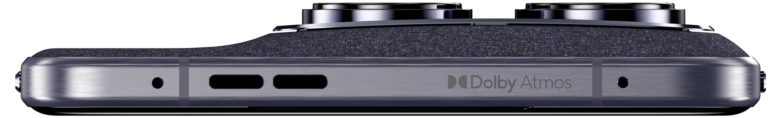 Seitenansicht eines Smartphones mit seinem Dual-Kamera-Setup und dünnem Profil. Das Logo "Dolby Atmos" ist in der Nähe der Geräteseite sichtbar.