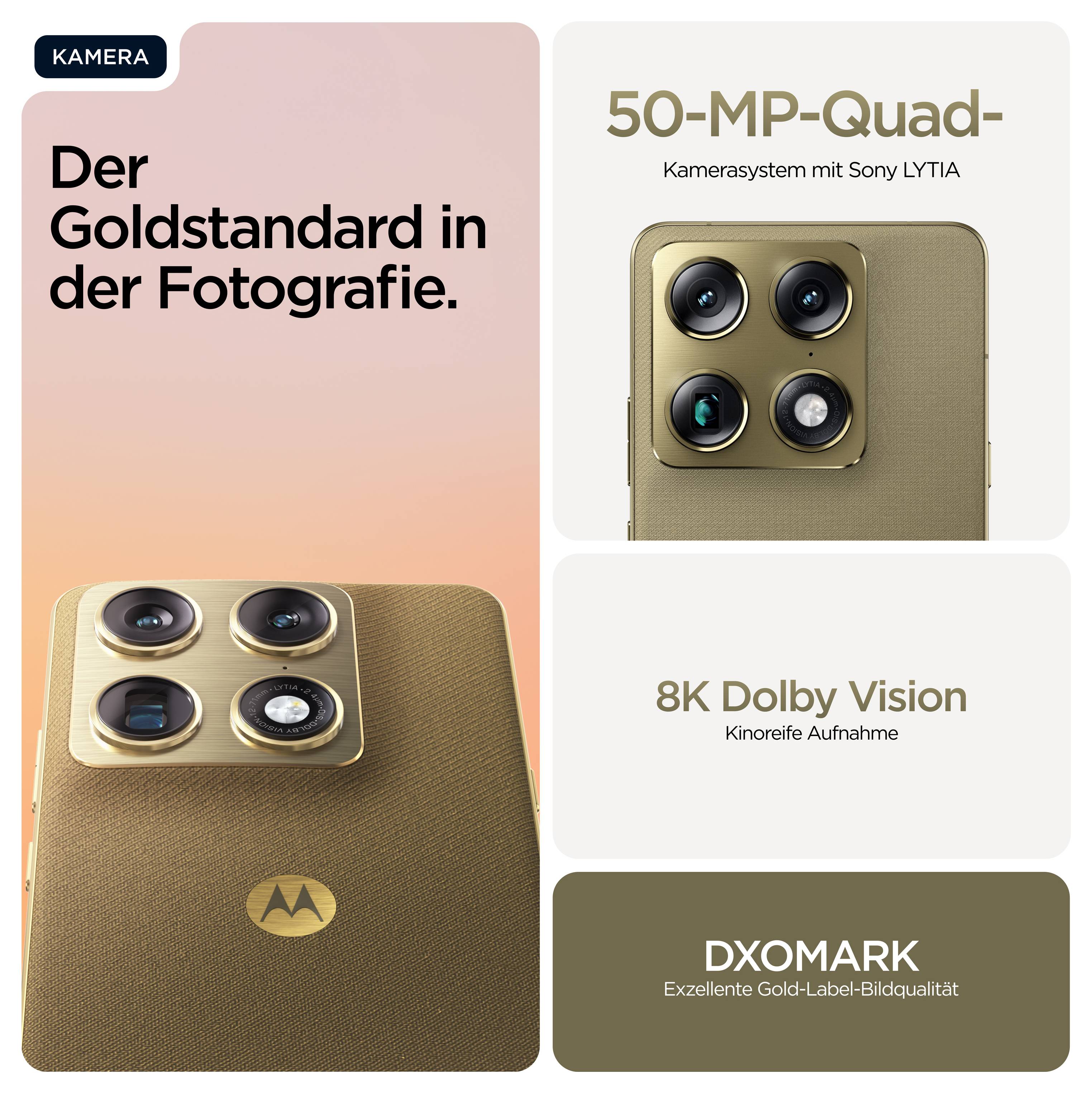 Smartphone-Werbung zeigt Detailaufnahme der Rückseite mit 50-MP-Quad-Kamerasystem und hebt 8K Dolby Vision sowie hohe DXOMARK-Bewertung hervor.