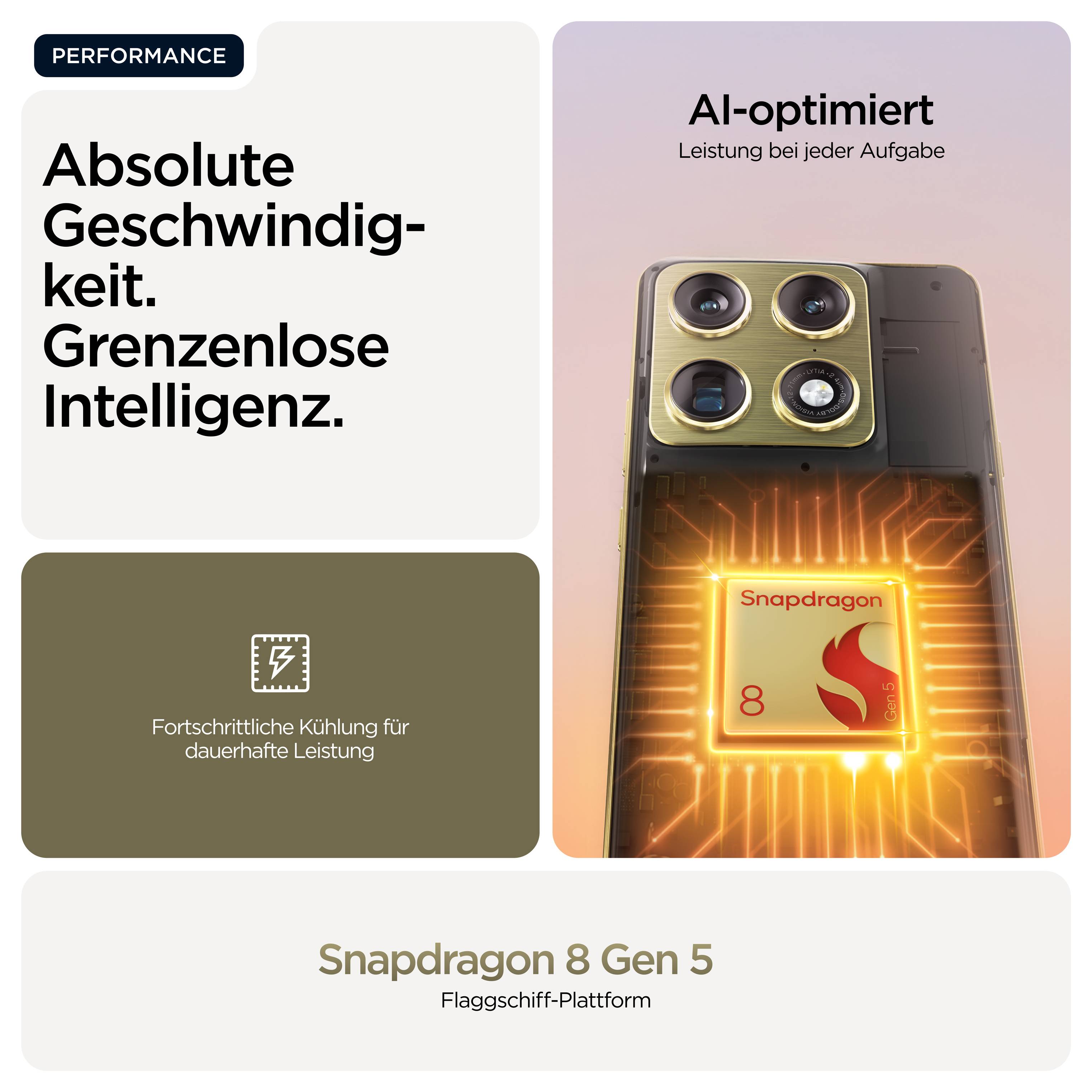 'Smartphone mit Snapdragon 8 Gen 5 Chip, AI-optimiert. Absolute Geschwindigkeit, grenzenlose Intelligenz. Fortschrittliche Kühlung.'