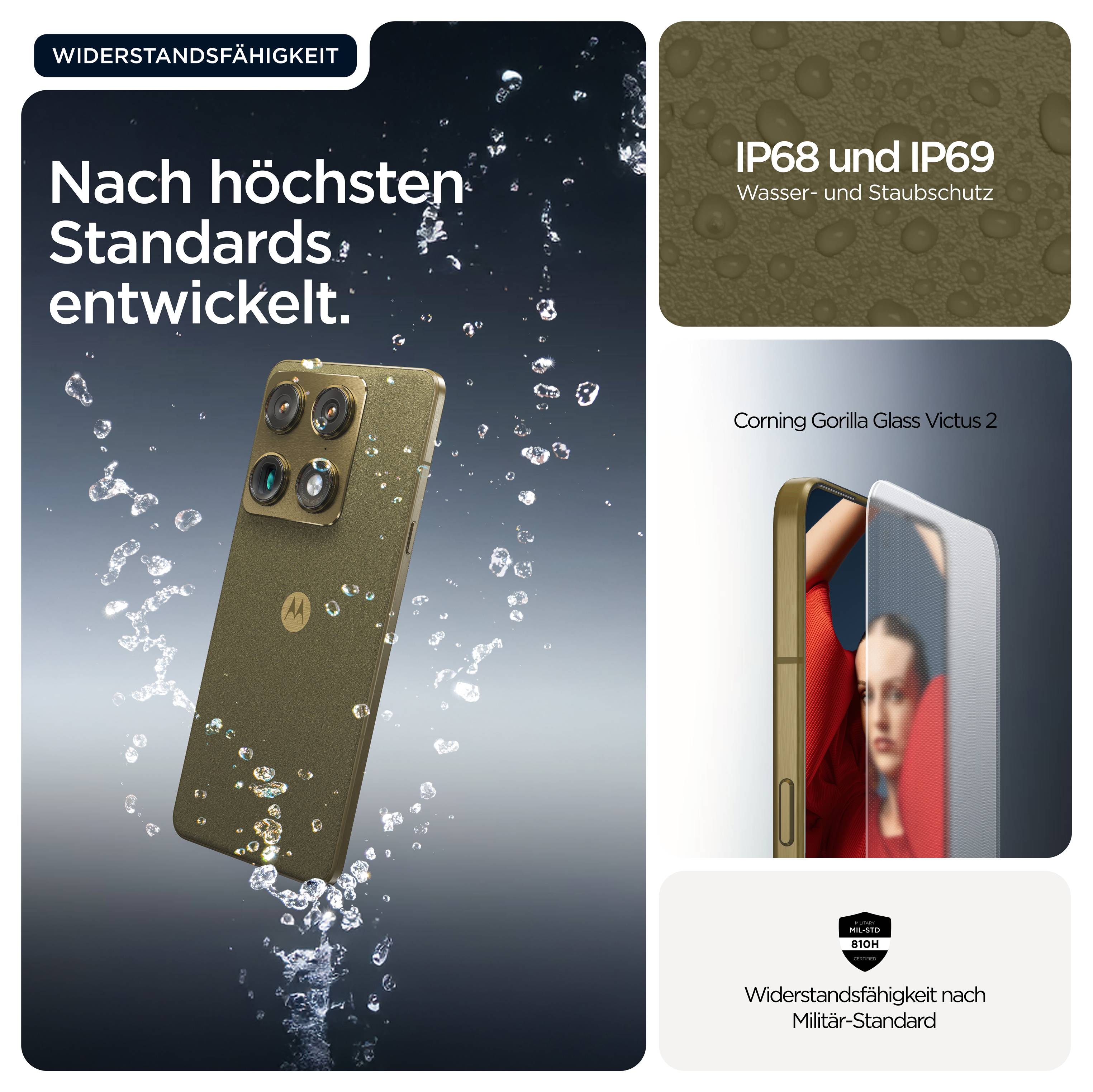 Smartphone mit drei Kameras, robustem Design und Text 'Nach höchsten Standards entwickelt'. Wasser- und Staubschutz gemäß IP68/IP69, Gorilla Glass Victus 2.
