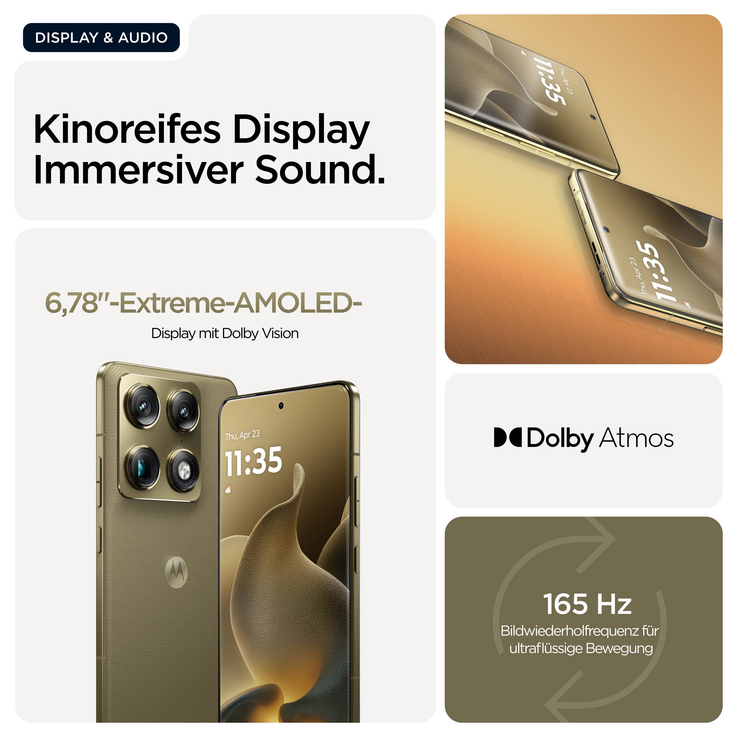 Kinoreifes Display mit 6,78"-AMOLED und Dolby Vision. Dolby Atmos Sound. 165 Hz Bildwiederholfrequenz für flüssige Bewegung.
