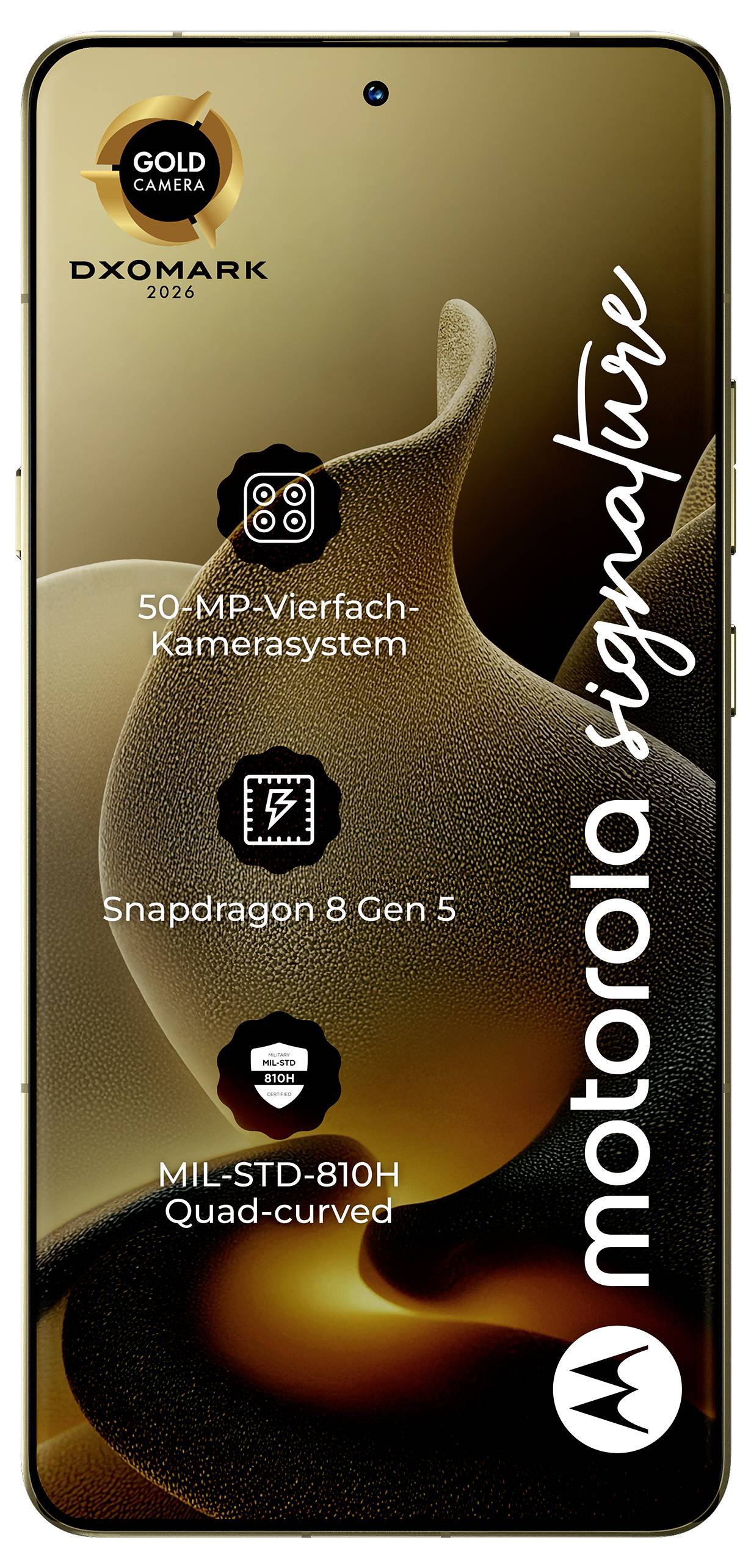 Ein Smartphone mit dem Badge „GOLD CAMERA DXOMARK 2026", 50-MP-Quad-Kamera-System, Snapdragon 8 Gen 5, MIL-STD-810H, vierfach gekrümmtem Bildschirm.