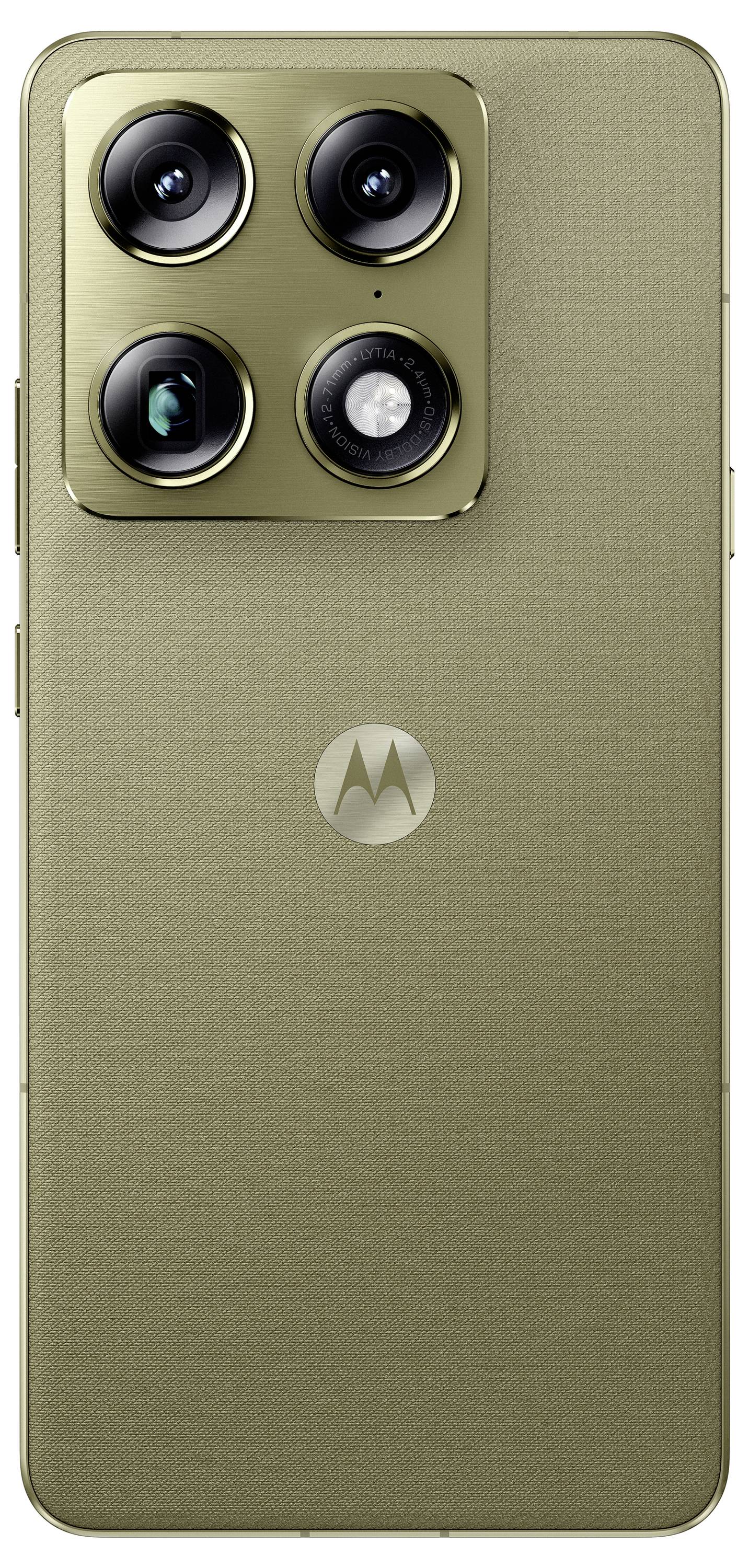 Ein beiges Smartphone mit einem Quad-Kamera-Setup und dem Logo der Marke auf der Rückseite.