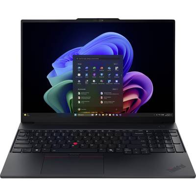 Ein schwarzer Laptop mit dem Windows 11-Startmenü auf dem Bildschirm, mit buntem abstraktem Hintergrundkunstwerk.