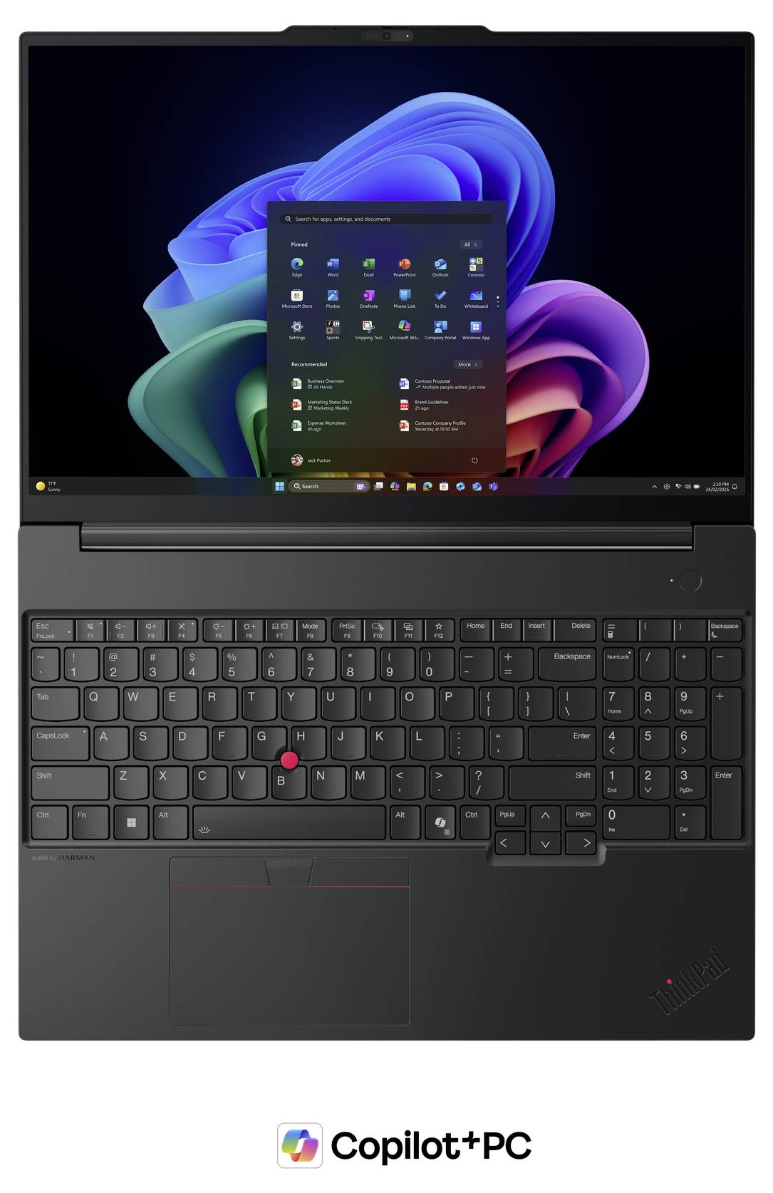 Ein Laptop, der ein farbenfrohen Display mit einer modernen Benutzeroberfläche zeigt, die offen ist. Die Tastatur ist unter dem Bildschirm sichtbar.