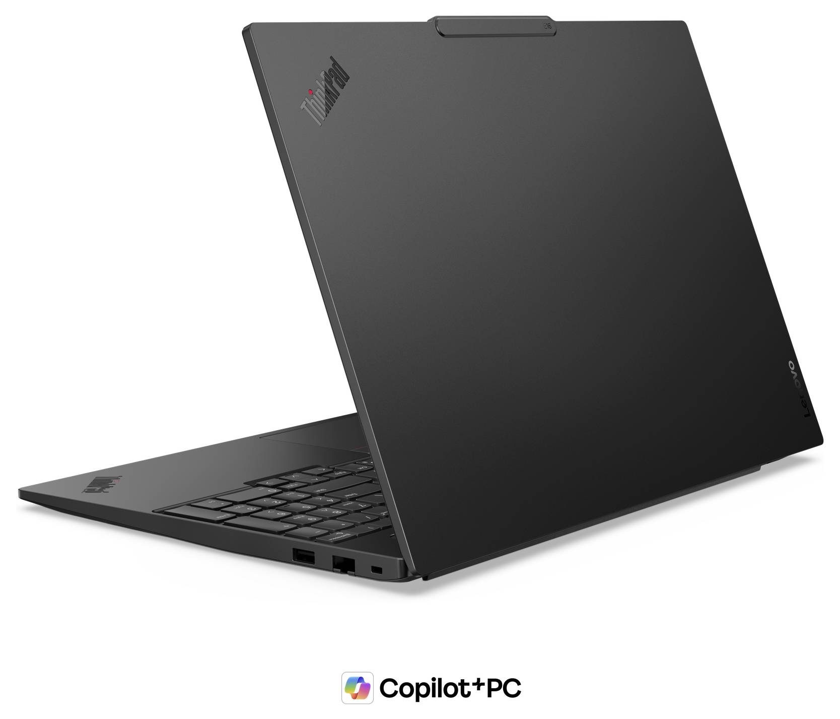 „Ein eleganter schwarzer Laptop mit leicht geöffnetem Deckel, der eine Tastatur zeigt. Das Design ist minimalistisch. Das Logo befindet sich in der oberen linken Ecke."