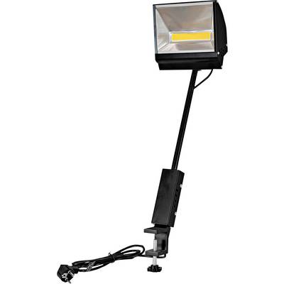 Eine Klemmleuchte mit verstellbarem Arm und LED-Panel, die für gerichtete Beleuchtung auf Werkbänken oder Schreibtischen konzipiert ist.